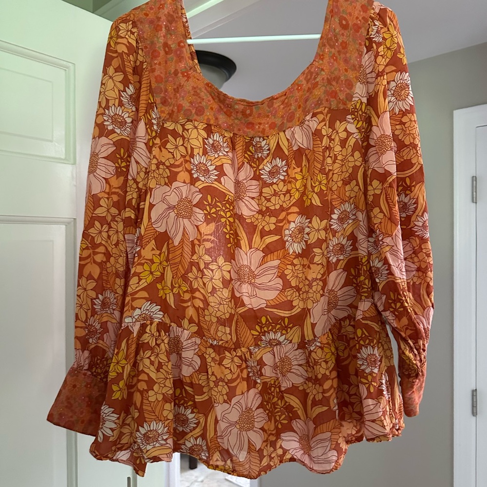 American Eagle Outfitters Orange Peplum Blouse with 3/4 Bell Sleeves